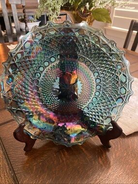 Indiana Glass Iridescent Teal Carnival Glass Plate with Rainbow Hues